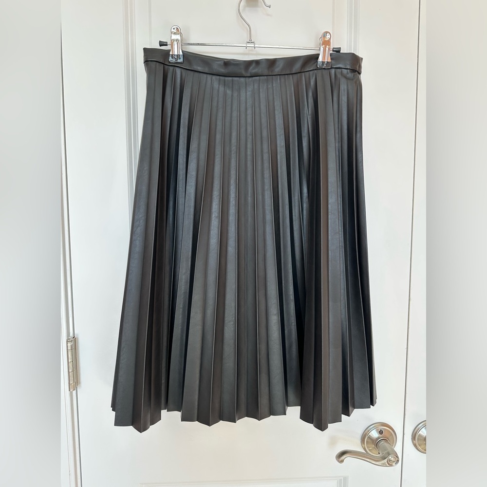 J. Crew Faux Leather Black A-Line Pleated Skirt